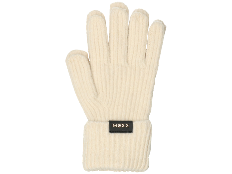 Cremefarbene Strickhandschuhe mit schwarzem Logo am Bündchen.