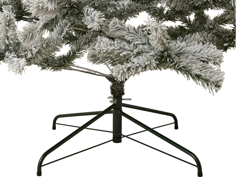 Künstlicher, verschneiter Weihnachtsbaum mit grünem Ständer.