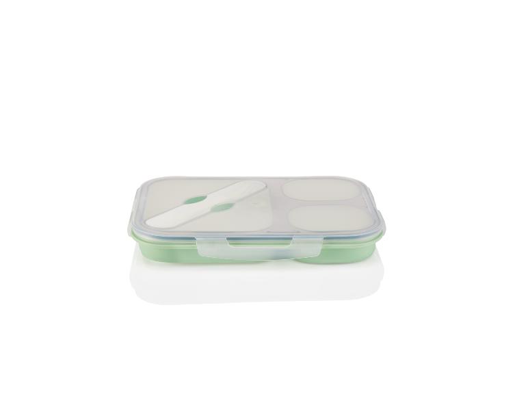 Grüne Lunchbox mit Fächern, Deckel und integriertem Löffel.