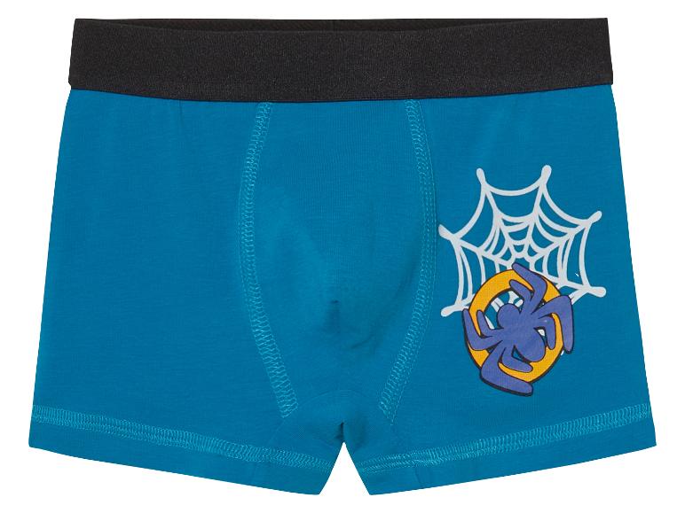 Jungen Unterwäsche, blaue Boxershorts mit Spinnenmotiv.