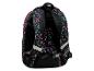 Schwarzer Rucksack mit pinkem und türkisfarbenem Hunde- und Herzmuster, mit reflektierenden Details.