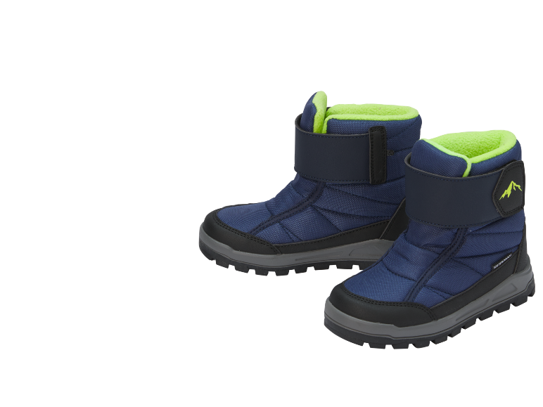 Kinder-Winterstiefel mit dunkelblauem Obermaterial und leuchtend grünem Futter