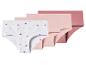 Viererpack Mädchenslips, einer weiß mit Herzen und drei in Rosa- und Pfirsichtönen.