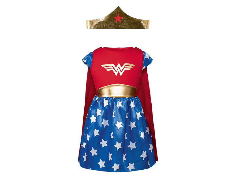 Wonder Woman Kostüm mit Umhang, Rock und Krone.