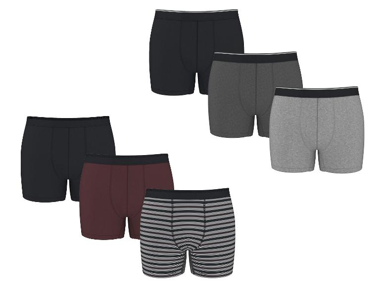 Sechs Herren-Boxershorts in Schwarz, Grau, Bordeaux und gestreiften Mustern.