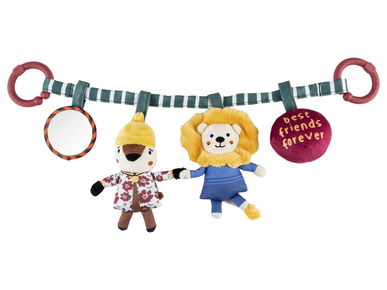 Ein Babyspielzeug mit Spiegel, Löwe, Eichhörnchen und einem Herz mit dem Aufdruck 'beste Freunde für immer'.