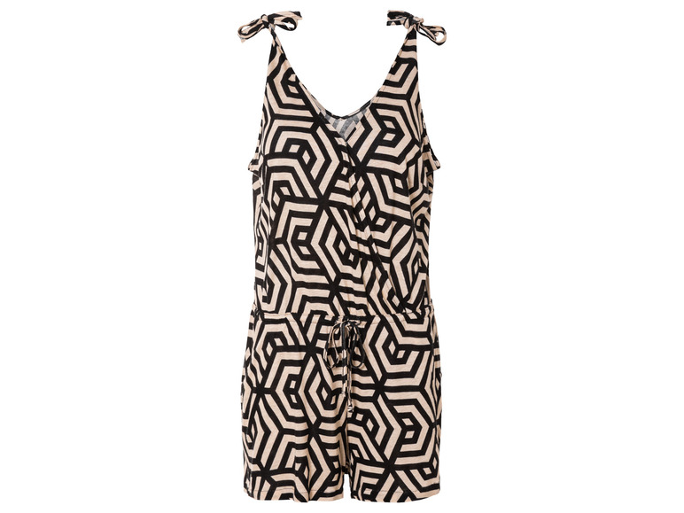 Ein beiger Jumpsuit mit schwarzem geometrischen Muster.