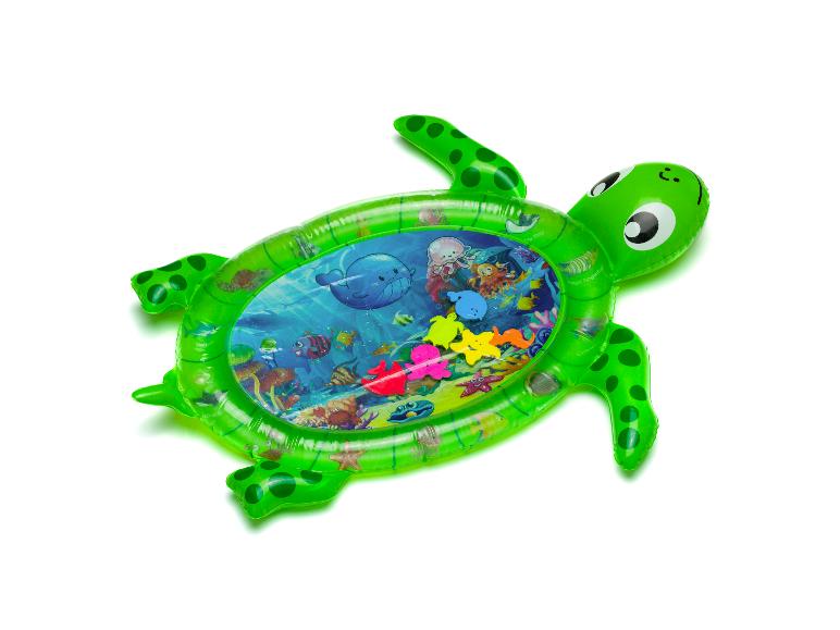 Grüne aufblasbare Schildkröten-Spielmatte mit wassergefüllter Mitte und bunten Meerestieren.