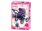 Ein rosa und blauer Puppenwagen von Bayer Trendy mit einer Tasche.