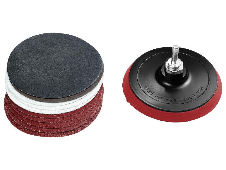 Set aus Schleifscheiben und einem Schleifteller mit 125 mm Durchmesser und max. 12000 U/min.