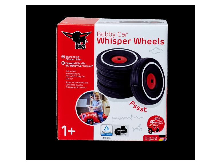 Schachtel mit leisen Flüsterrädern für Kinderfahrzeug, mit Kind und Zertifizierungen.