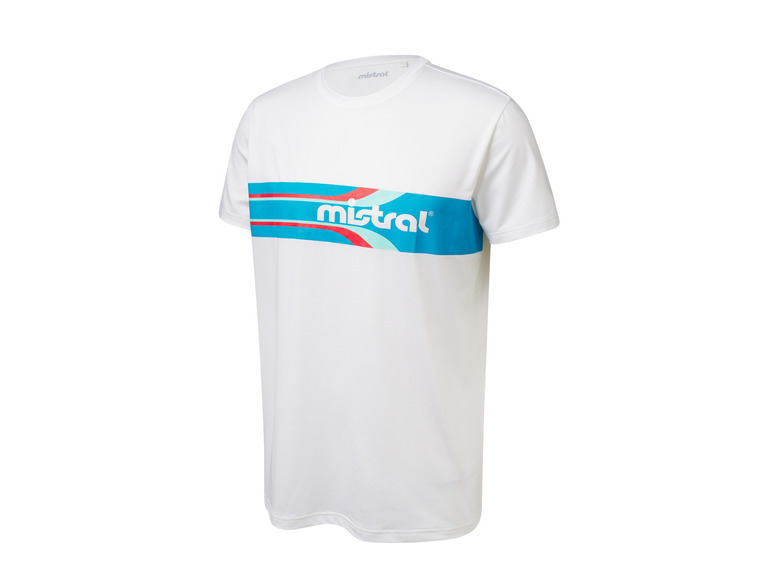 Weißes T-Shirt mit blauem Streifen und Mistral-Logo.