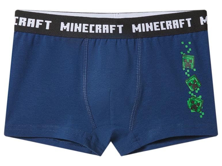 Dunkelblaue Boxershorts mit „MINECRAFT“-Schriftzug am Bund und grünem Würfelmuster