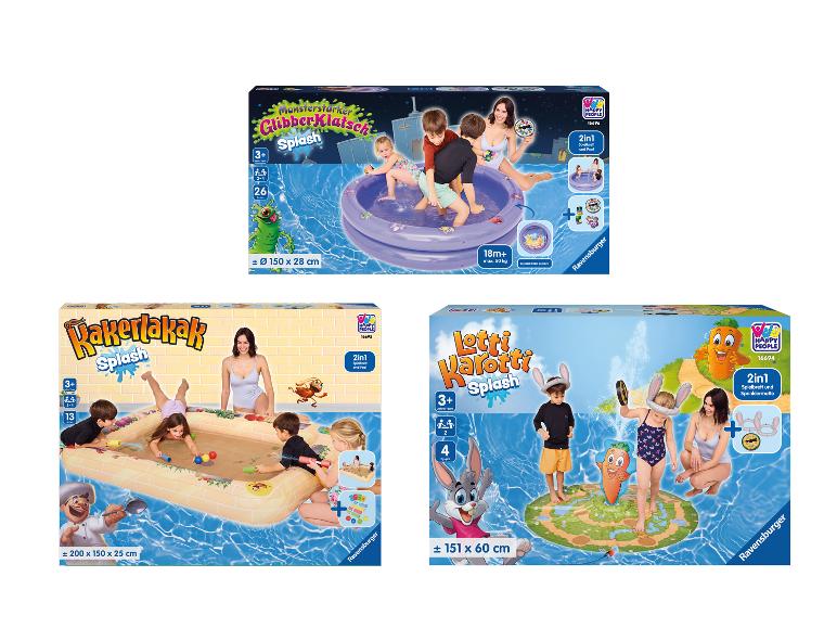 Drei Ravensburger Happy People Wasserspielprodukte: GlibberKlatsch Splash, Kakerlakak Splash und Lotti Karotti Splash.