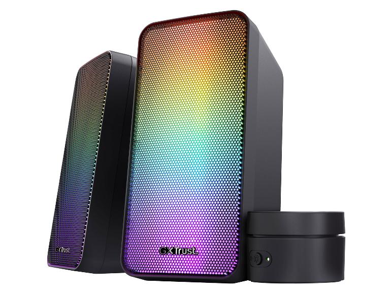 Zwei schwarze Lautsprecher mit Regenbogenbeleuchtung und separatem Controller.