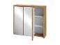 Badezimmerschrank aus Holz mit Spiegeltüren und offenem Regal.