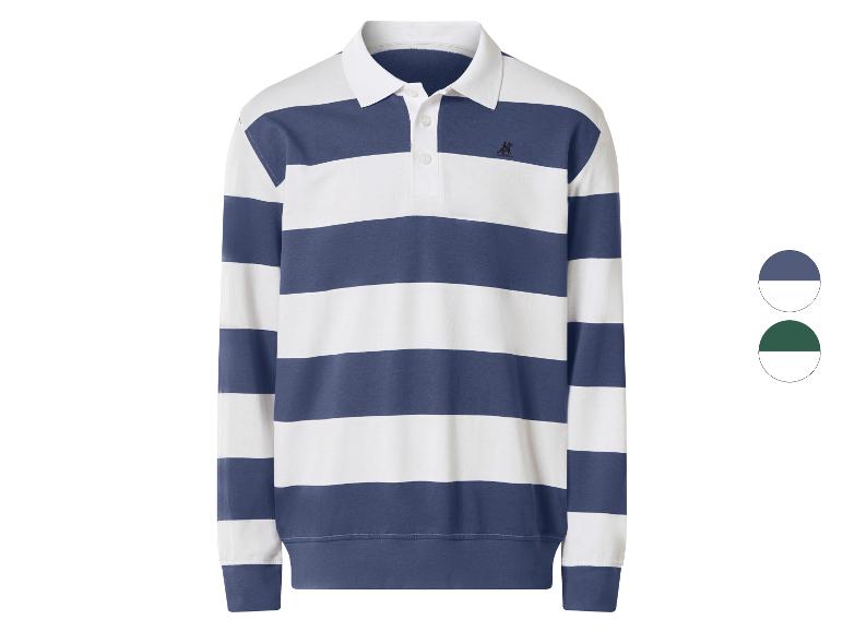 Langärmeliges blau-weiß gestreiftes Poloshirt mit weißem Kragen und Knöpfen