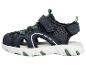 Dunkelblaue Kindersandalen mit grünen Akzenten und weißer Sohle.