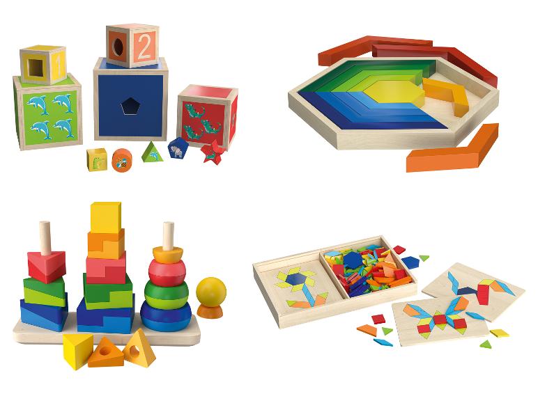 Holzspielzeug für Kinder: Stapelblöcke, Formpuzzles und Stapelringe.