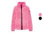 Rosa flauschige Fleecejacke mit schwarzem Reißverschluss und zwei Farboptionen.