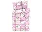 Rosa Bettwäsche im Patchwork-Design mit Blumen und Spitze.