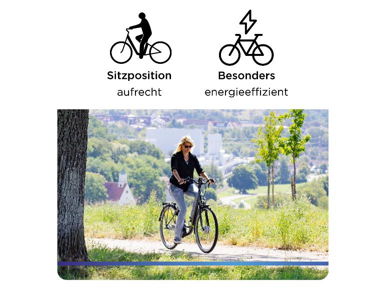 Frau auf einem E-Bike mit aufrechter Sitzposition, besonders energieeffizient.