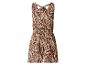 Damen-Jumpsuit in Braun und Beige mit Zebramuster und Bindeband am Hals.