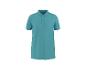 Türkisblaues kurzärmeliges Damen-Poloshirt mit Kragen und Knöpfen.