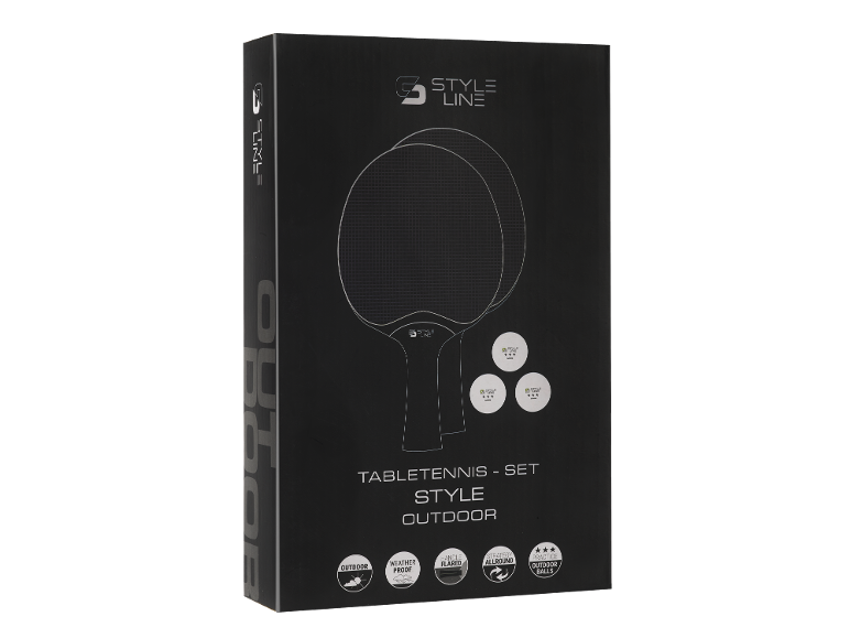 Schwarzes Outdoor-Tischtennis-Set mit Schlägern und Bällen.