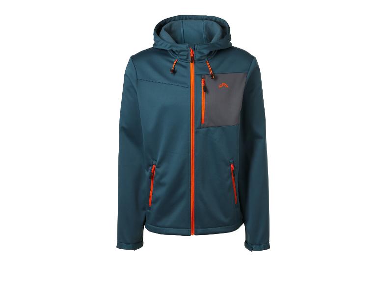 Herren-Kapuzenjacke, dunkelblau mit orangefarbenen Reißverschlüssen und grauer Tasche.