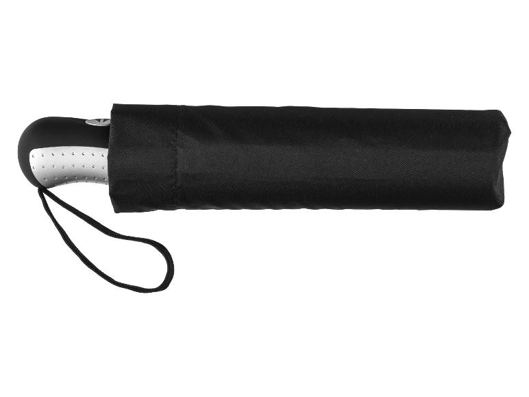Schwarzer zusammengeklappter Regenschirm mit ergonomischem Griff und Handschlaufe.