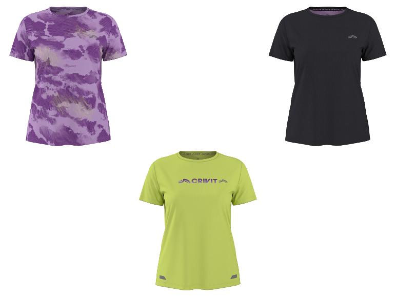 Damen-Sport-T-Shirts: ein lila gemustertes, ein schwarzes und ein limettengrünes mit Logo.