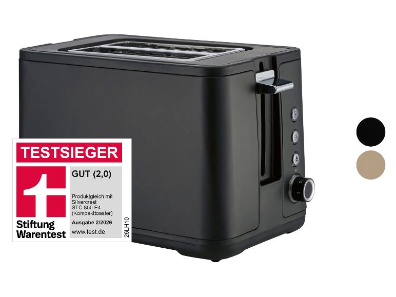 Schwarzer Toaster mit zwei Schlitzen und der Bewertung „GUT (2,0)“ von Stiftung Warentest.