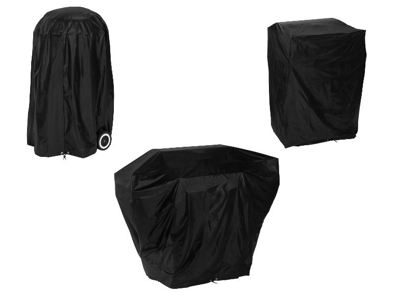 Schwarze Schutzhüllen für Grill oder Terrassenheizer, aus verschiedenen Blickwinkeln gezeigt.