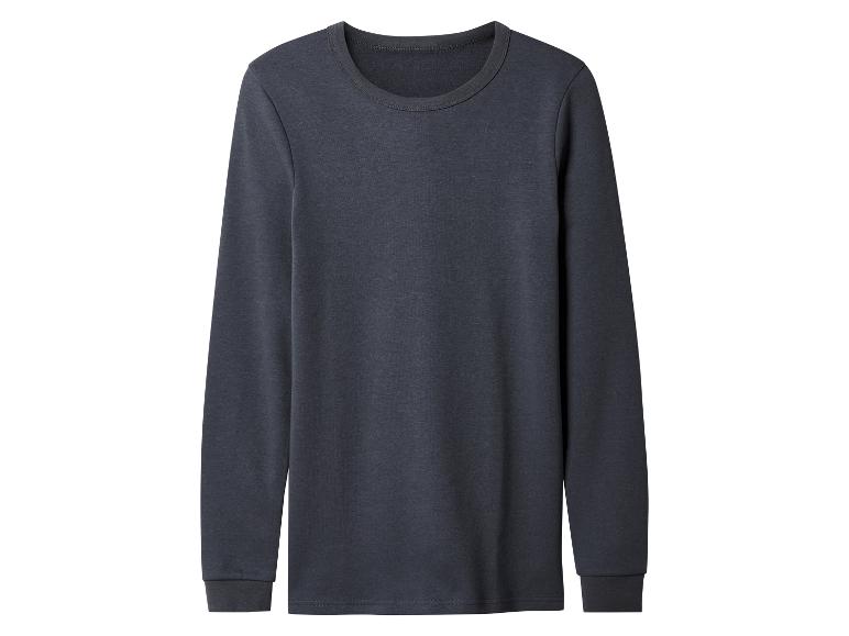 Ein dunkelgraues Langarm-T-Shirt, flach liegend.