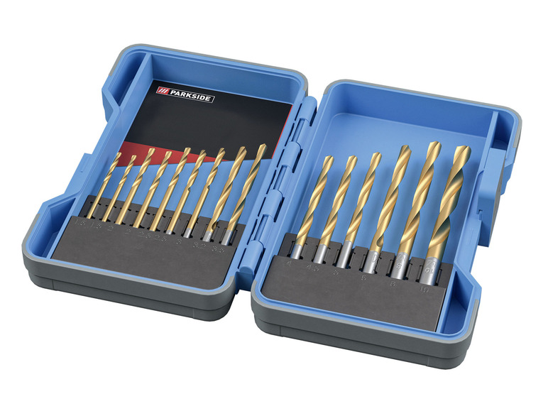 Ein Satz mit 13 Bohrer von Parkside in einer blauen Box.