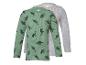 Zwei Kinder-Langarmshirts: ein grünes mit Dinosaurier-Muster und ein einfarbiges graues.
