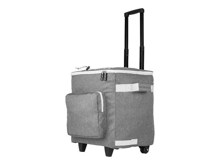 Graue Topmove Kühlbox auf Rollen, ideal für Picknicks.