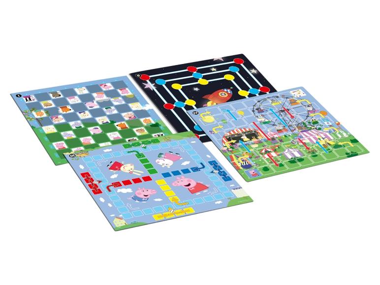 Vier Peppa Pig Brettspiele mit Themen wie ein Jahrmarkt, ein Raumschiff und ein Labyrinth.