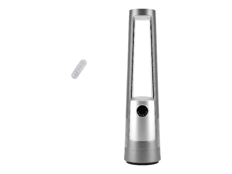 Ein silberner Turmventilator mit Fernbedienung, im schlanken, modernen Design.
