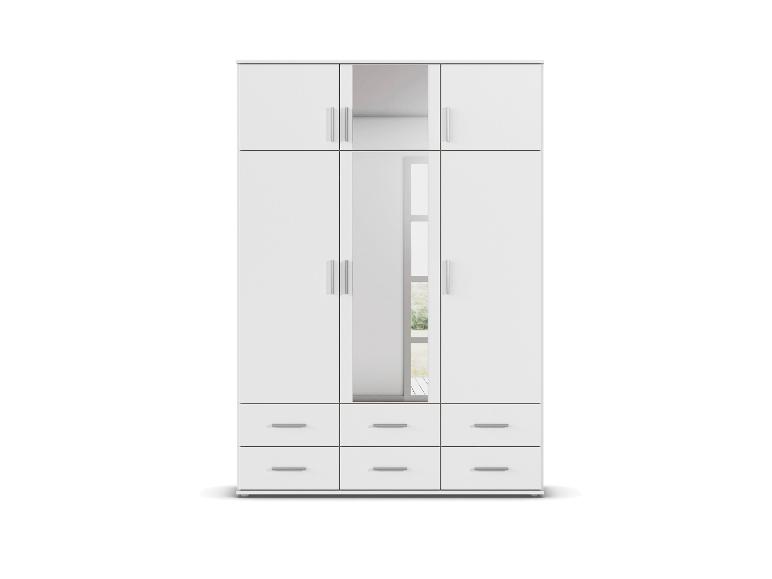 Weißer Kleiderschrank mit Spiegel und Schubladen.