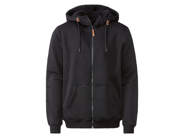 Schwarzer Kapuzenpullover mit Reißverschluss.