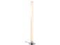 Hohe Stehlampe mit zylindrischem Blasenglasgehäuse und rundem Metallsockel.