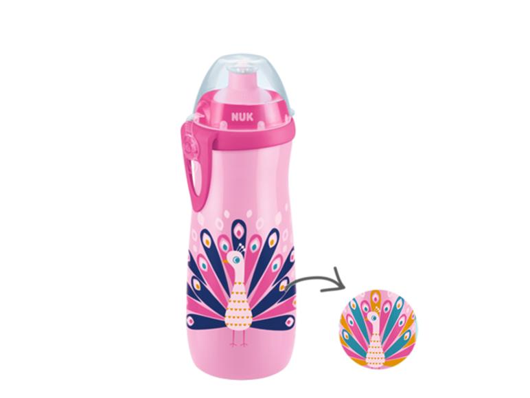 Rosa Trinkflasche mit farbenfrohem Pfauenmotiv und vergrößertem Detail des Motivs.