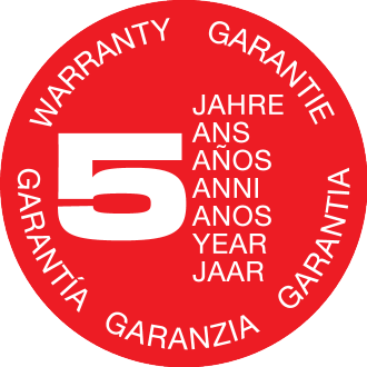Rotes Siegel mit weißem Text „5 Jahre Garantie“ in mehreren Sprachen.