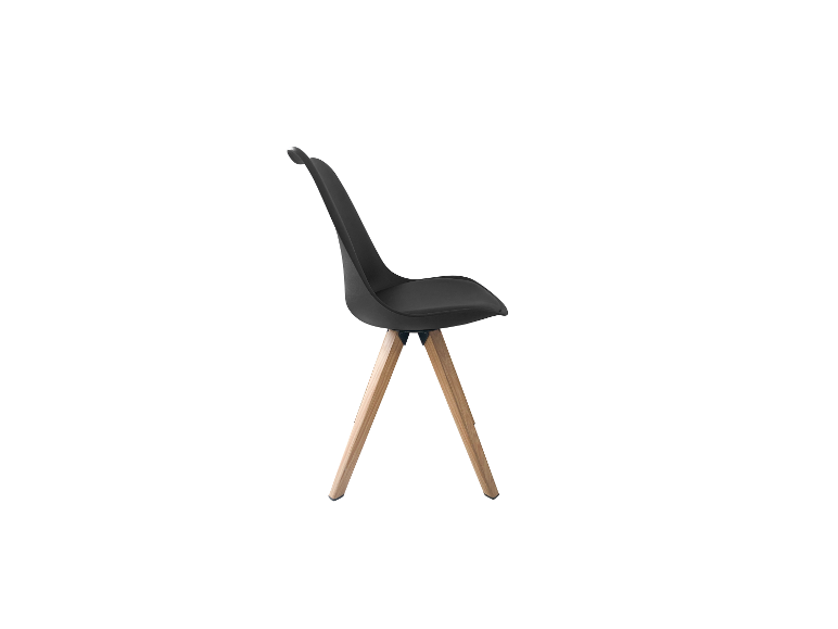 Moderner schwarzer Design-Stuhl mit hellen Holzbeinen.