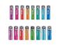 Zwei Reihen bunter wiederaufladbarer Batterien, AAA 1000mAh und AA 2500mAh, in Lila, Pink, Rot, Orange, Grün, Türkis und Blau.