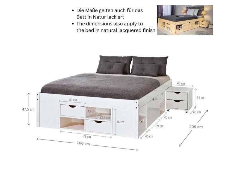 Weißes Bett mit Stauraum und Nachttisch, Maße werden angezeigt.