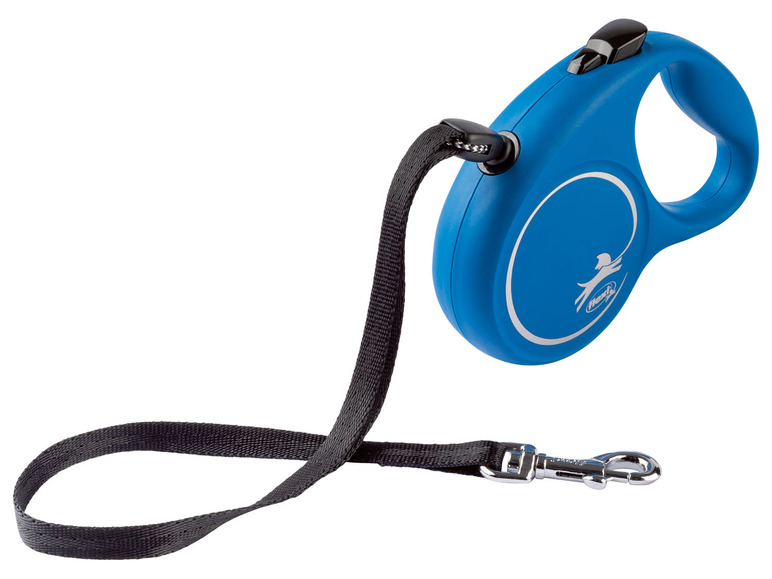 Eine blaue Flexi-Hundeleine mit einem schwarzen Riemen.