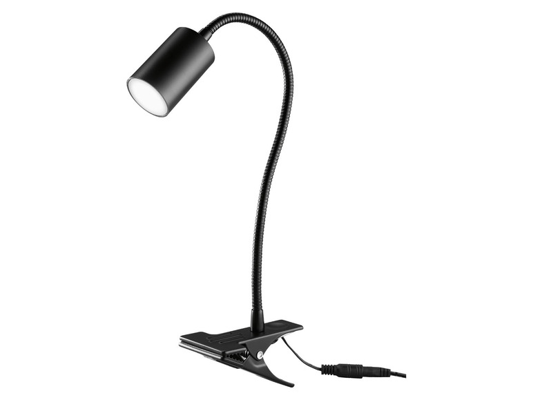 Eine schwarze, flexible Schreibtischlampe mit Clip.